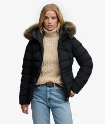 Superdry Damen Fuji Steppjacke mit Kunstfellkapuze Black - Größe: 36