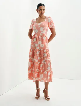 Floral Square Neck Midi Tiered Dress Orange Mix female - Finery London - FashionsVida