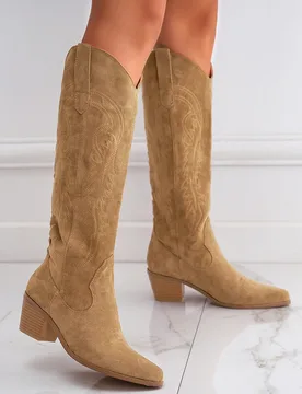 Botas altas de mujer de ante con bordados estilo western, botines y botas altas de unicolor, botas de media pantorrilla y pantorrilla ancha fáciles d - Shein - FashionsVida