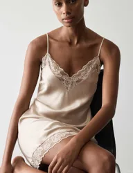 Satin Strappy Lace Detail Chemise Light Buff female