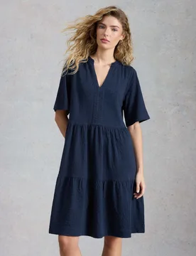 Pure Cotton V-Neck Knee Length Tiered Dress Navy female - White stuff - FashionsVida