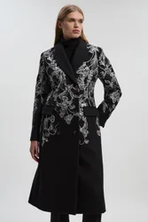 Women's Wool Floral Embroidered Double Breasted Coat in Mono Size: 12 - Mono - Size: 12