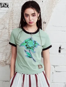 ELFSACK Rose Print Cropped Ringer T-Shirt, Color-Block Trim Baby Tee - Aliexpress - FashionsVida