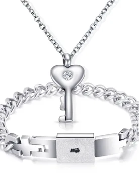 A Couple Jewelry Sets Stainless Steel Love Lock Bracelets Bangles Key Pendant Necklace Couples - Aliexpress - FashionsVida