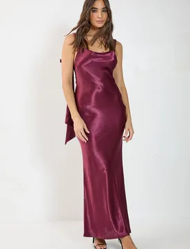 Womens Satin Cowl Back Bow Strap Bias Cut Maxi Dress - Wine - Size 6 Uk - Nastygal - FashionsVida