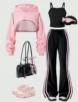 Conjunto de 3 piezas de ropa de calle cool para niñas: sudadera con capucha corta de manga larga, top de tirantes y pantalones de punto acampanados c - Shein - FashionsVida