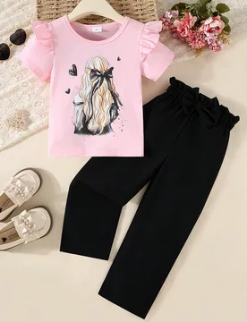 Camiseta de moda casual de verano con estampado de retrato de dibujos animados + pantalones largos con lazo para niñas, adecuada para la temporada de - Shein - FashionsVida
