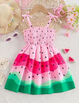 Vestido de niña con estampado de sandía, lindo y dulce, con tirantes con lazo, moda nueva para el verano 2025