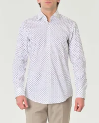 Camicia Hank slim-fit bianca a fantasia geometrica nera e beige in popeline di cotone stretch con colletto Kent