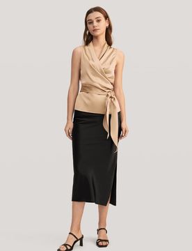 Donna Camicetta Elegante Seta Lucida Nodo a Fiocco Cammello 42