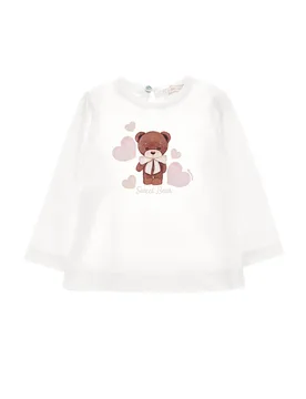 T-shirt bianca a manica lunga in cotone con stampa orsetto e cuori - Monnalisa - FashionsVida