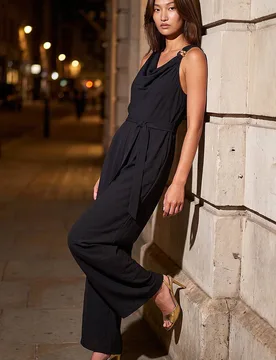 Women's Cowl Neck Hardware Trim Jumpsuit in Black Size: 20 - Black - Size: 20 - Roman - FashionsVida