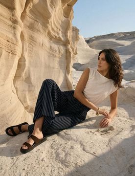 Pantaloni paperbag a righe con viscosa - blu scuro
