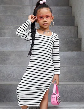 Vestido de punto de cuello alto a rayas para uso casual diario para madre e hija, otoño/invierno - Shein - FashionsVida