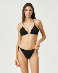 Bikini due pezzi nero in viscosa e lurex con top a triangolo e slip classico con laccetti