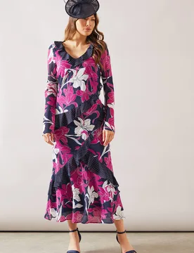 Women's Floral Mixed Print Ruffle Midi Dress in Navy Size: 8 - Navy - Size: 8 - Wallis - FashionsVida