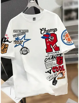 Camiseta de manga corta con cuello redondo para hombre, diseño minimalista con letras y conejo - Shein - FashionsVida