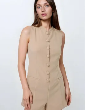 Womens Short Leg Crew Neck Jumpsuit With Button Detail - Beige - Size X-Large - Hiccup - FashionsVida