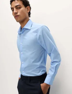 Easy Iron Slim Fit 2 Inch Shorter Cotton Blend Shirt Mid Blue male - M&S - FashionsVida