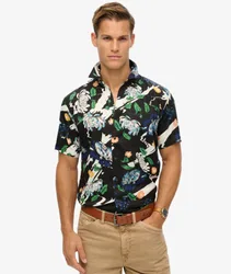 Superdry Herren Schwarz, Weiß und Blau Kurzärmeliges Hawaiihemd Bedruckt, Größe: M - Größe: M