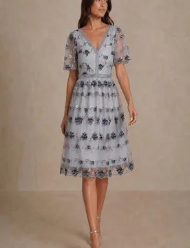 V Neck Floral Embroidered Lace Midi Dress in Blue - Blue - Size: 10 - Chi chi london - FashionsVida