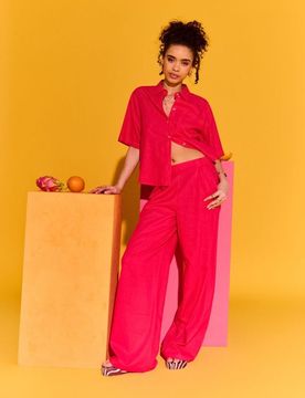 Pantaloni a gamba larga con miscela di lino - rosa shocking