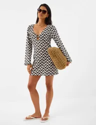 Striped V-Neck Mini Kaftan Beach Dress Black Mix female