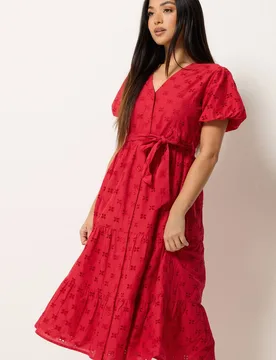 Broderie Tie Waist Cotton Midi Dress - Red - Size: 16 - M&Co - FashionsVida