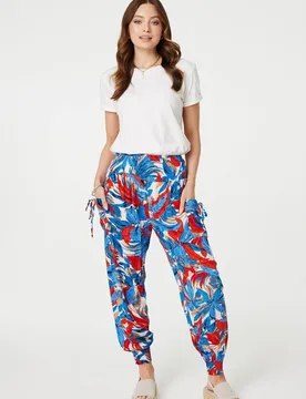 Women's Tropical Leaf Print Harem Pants in Blue Size: 16 - Blue - Size: 16 - Izabel London - FashionsVida