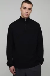 Herren Regular Fit Geo-Strick 1/4 Reißverschluss Pullover Black Größe Medium