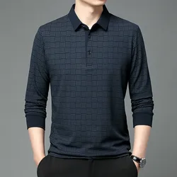 Spring and Autumn Men's Pullover Collar Plaid Long Sleeve Polo Shirt Solid Color Underlay Fashion Casual T-shirt Tops