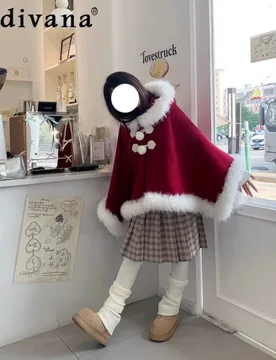 Hooded Fur Collar Red Cape for Women Autumn Winter Fur Solid Color Plaid Warm Shawl Coat Female Christmas New Year Ponchos - Aliexpress - FashionsVida