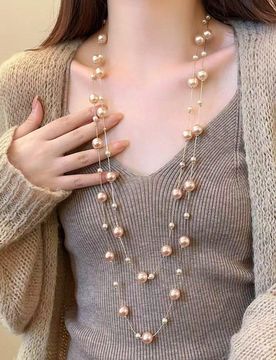 Pieza Collar largo de perlas falsas de moda, cadena de suéter elegante y minimalista, versátil para otoño/invierno