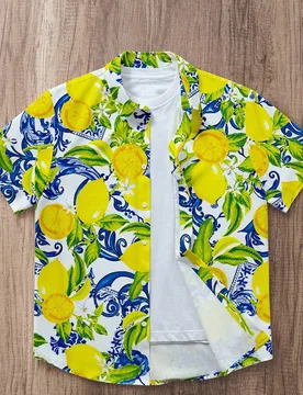 Camisa casual de hombre con estampado de limón, adecuada para vacaciones, salidas, regalo de amigos - Shein - FashionsVida