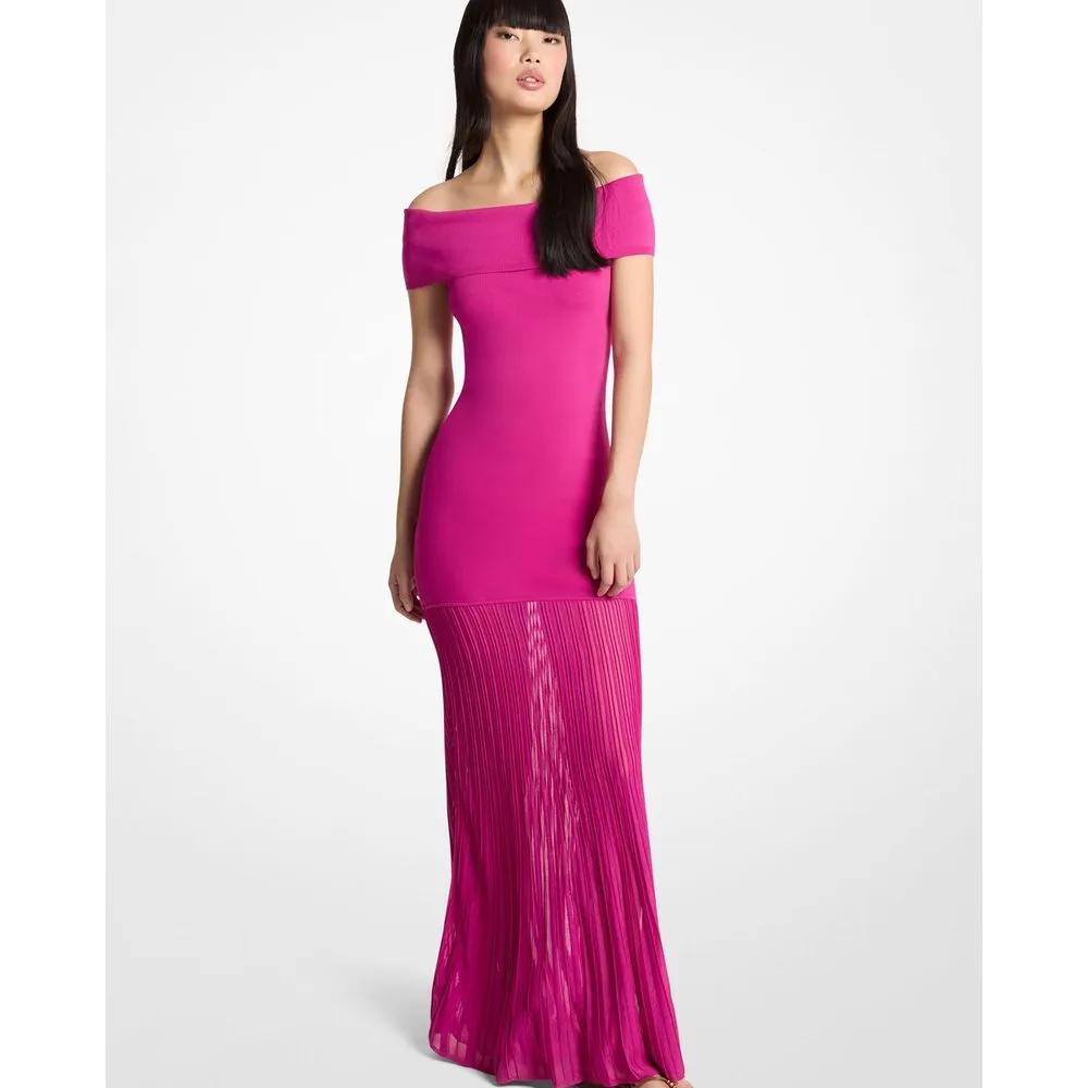 Vestido largo de punto elástico plisado con cuello barco - MICHAEL Michael Kors - FashionsVida