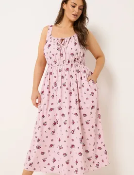 Floral Linen Milkmaid Dress - Baby Pink - Size: 26-28 - Yours - FashionsVida