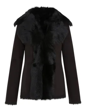 Women's Sheepskin Toscana Shearling Suede Leather Jacket - Noiré in Black Size: 8 - Black - Size: 8 - Infinity Leather - FashionsVida