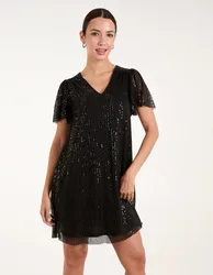 Sequin Flutter Sleeve Dress - S / BLACK - female
