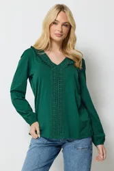 Women's Frill Detail Cotton Blouse in Dark Green Size: 18 - Dark Green - Size: 18