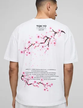 Herren Oversized Kirschblüten-Print T-Shirt White Größe Large - boohooMAN - FashionsVida