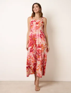 Tropical Print Adjustable Strap Maxi Dress - XL / PINK - female - Blue Vanilla - FashionsVida