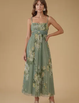 Womens Petite Pleated Mesh Maxi Dress - Green - Size 18 Uk - OASIS - FashionsVida