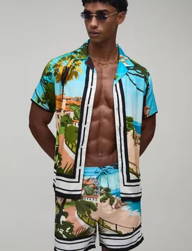 Herren Palmenlandschaft Bedrucktes Hemd & Badeshorts Set Blue Größe Small - boohooMAN - FashionsVida