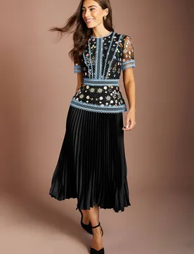 Women's Short Sleeve Embroidered Pleated Skirt Midi Dress in Black Size: 10 - Black - Size: 10 - Coast - FashionsVida