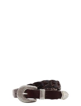 Leather Belt with Crafted Metal Buckle & Woven Motif