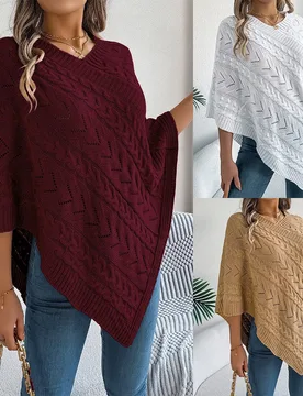 Autumn Winter Real Shot Knitwear Women's Solid Color Cable Loose Poncho Style Casual Outerwear - Aliexpress - FashionsVida