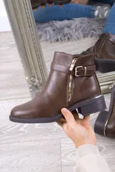 Gold Zip Straps Ankle Boots - Brown - Size: 8