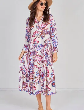 Women's Boho Bloom Printed Smock Midaxi Dress Size: Medium - Multicolor - Size: M - LOVE SUNSHINE - FashionsVida