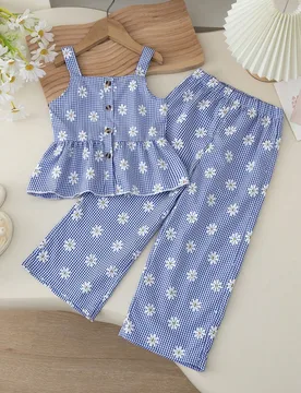 Conjunto de niña pequeña de primavera/verano con estampado de cuadros margaritas, tela de cuadros azul y blanco con estampado de margaritas frescas, - Shein - FashionsVida