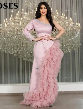 ROSES Pink Party Dresses One Shoulder Formal Prom Dress Full Sleeve robe de soirée with Ruffled Tulle Evening Gowns Customized - Aliexpress - FashionsVida